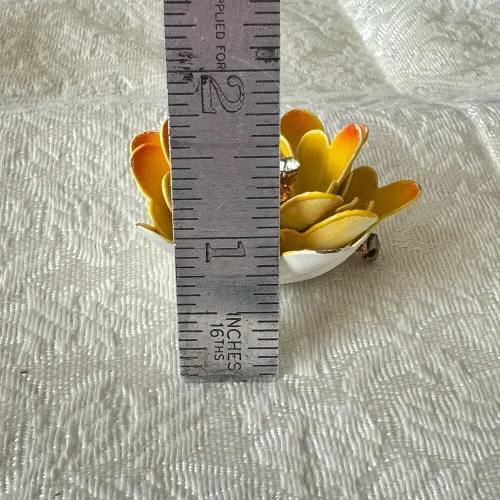 Vintage CORO Flower Brooch Large Yellow & Orange Enamel Metal Rhinestone Pin